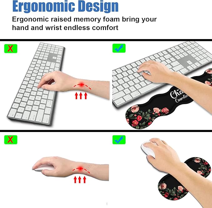 4 in 1 Ergonomic Memory Foam Mouse Pad Wrist Rest Set, Large Gaming Desk Pad + Keyboard Wrist Rest + Mouse Wrist Cushion + Coaster for Home Office Study Gaming, Colored Floral Quote Chaos Coordinator