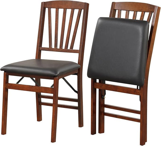 COSTWAY Folding Dining Chairs Set of 2, Upholstered Wooden Dining Room Chairs with PVC Padded Seat, Solid Wood Frame and 400LBS Capacity for Kitchen Apartment (Black & Brown)