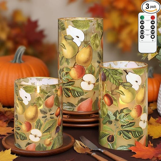 Autumn Flameless Candles with Remote Timer Apple Pear Glass Flickering Battery Operated LED Candles for Home Room Party Wedding Holiday Fall Decor - Set of 3