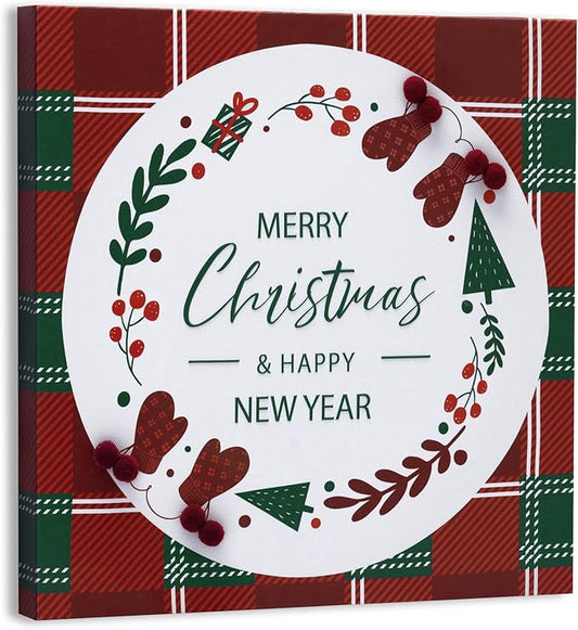ArtbyHannah Christmas Canvas Wall Art Decor, 3D Textured & Holly Red Berry Wall Decor with Red & Green Plaid Prints for Home Kitchen Dining Party Bathroom Winter Holiday Xmas Decorations (16x16 inch)