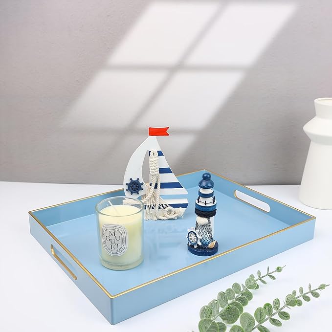 Spsyrine Blue Plastic Serving Tray for Ottoman, Coffee Table, Rectangle Decorative Tray for Entertaining, Outdoor, Living Room, Home Decor