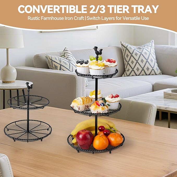 Openwork 3 Tiered Tray Stand, Vintage All-Iron 3 Tier Serving Tray with Hand - Twisted Edges & Chicken Top, Convertible Two Tiered Tray Stand for Home Kitchen Decor, Coffee Food Fruits Cupcakes