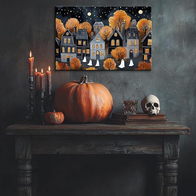 BANHUA1 Halloween Village Scene Canvas Wall Art, Ghosts And Autumn Foliage Print, Dark Academia Wall Decor for Home, Living Room, 18 x 12 Inch