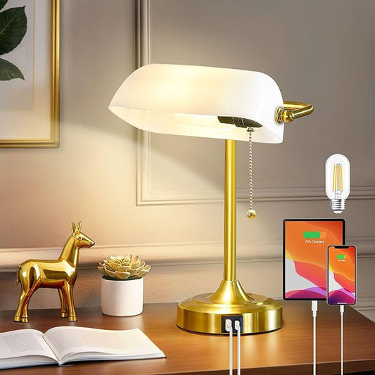 Vintage Desk Lamp Bankers Lamp - Retro Table Lamp with USB & Type C Charging Ports Traditional Pull Chain Switch Library Lamp for Home Office Nightstand Bedroom Side Table Lamp(T45 Bulb Included)