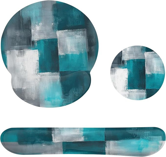 Turquoise and Grey Abstract Art Painting Mouse Pad with Wrist Rest and Keyboard Wrist Rest Set,Non-Slip Rubber Base Memory Foam Mouse Pad Set for Women, Office Desk Accessories, Gaming