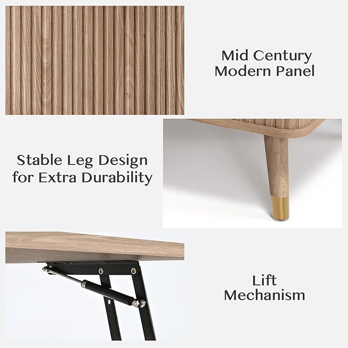 Lift Top Coffee Table, Mid Century Modern Coffee Table with Hidden Compartment, Fluted Lift Tabletop Center Table for Living Room, Home Office, Oak