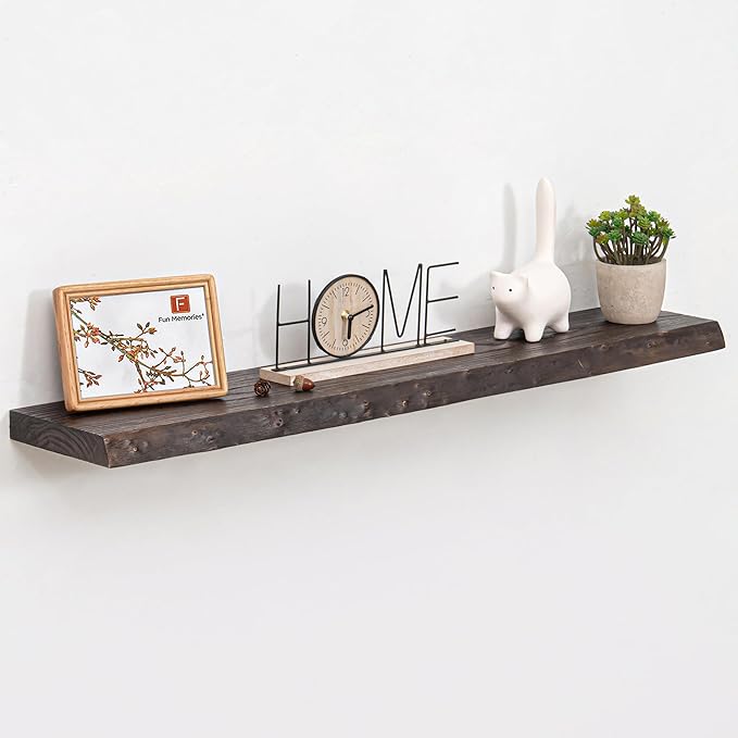 Fun Memories Floating Shelves for Wall Decor, Rustic Solid Elm Wood Live Edge Floating Shelves Wall Mounted, Heavy-Duty Shelf with Invisible Bracket for Living Room Kitchen, 42 Inch Set of 1, Walnut