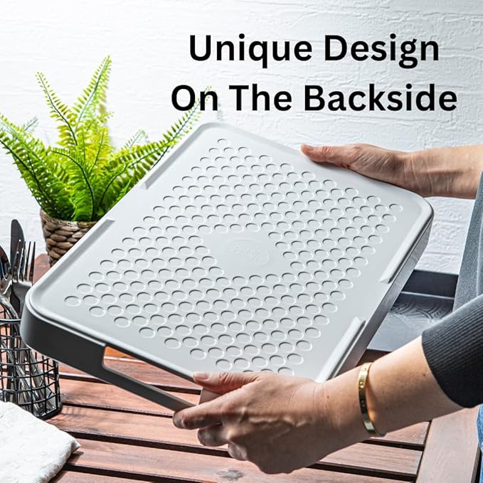 Bzyoo Melamine Gallery Tray -11.5in x 16inch Large Rectangle Serving Tray with Handle for Entertaining, Ottoman and Kitchen Counter Decor, Decorative Home Coffee Table Tray or Vanity Tray - White