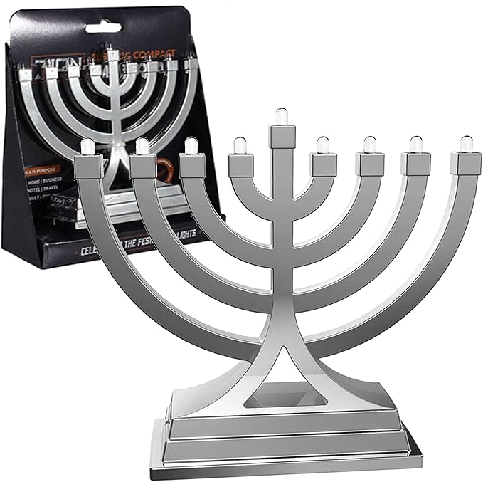 Mini Electric Menorah LED Battery or USB Powered - Push Button Multi Light Settings - Hanukkah Battery Operated Minorah Small Menorahs for Office Car Home Chanukah Decorations By Zion Judaica (Silver)