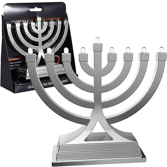 Mini Electric Menorah LED Battery or USB Powered - Push Button Multi Light Settings - Hanukkah Battery Operated Minorah Small Menorahs for Office Car Home Chanukah Decorations By Zion Judaica (Silver)