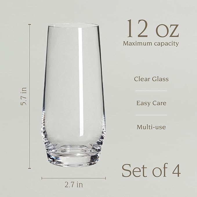 over&back 12oz Traditional Glassware - Set of 4 Classic Stemless Drinking Glasses for Parties, Get-togethers, and More - Mouth-Blown - Wine Cups for Kitchen and Dining Room - Clear, Water (12oz)