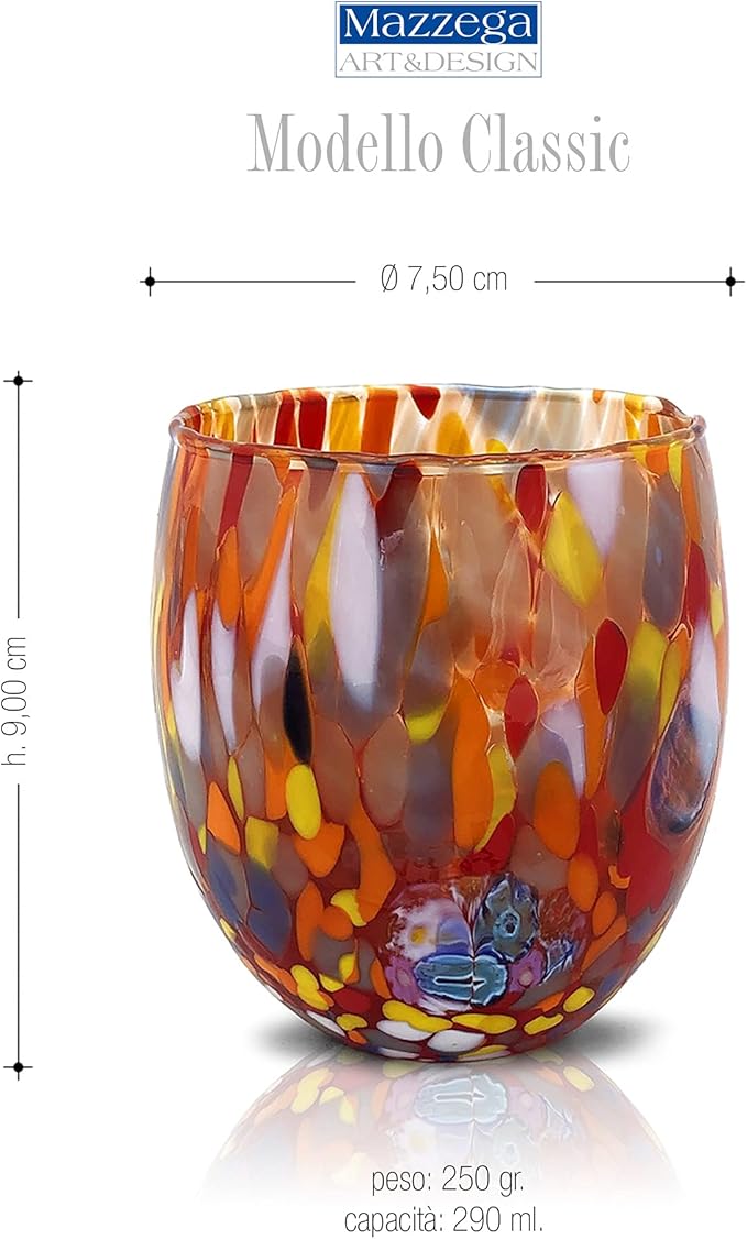 MAZZEGA ART & DESIGN - Set of 6 Handcrafted Blown Glass Water Glasses with Refined and Original Murano Murrine - The Colors of Murano - 'Classic 9,8 oz' Model. Made in Italy (6, Red)