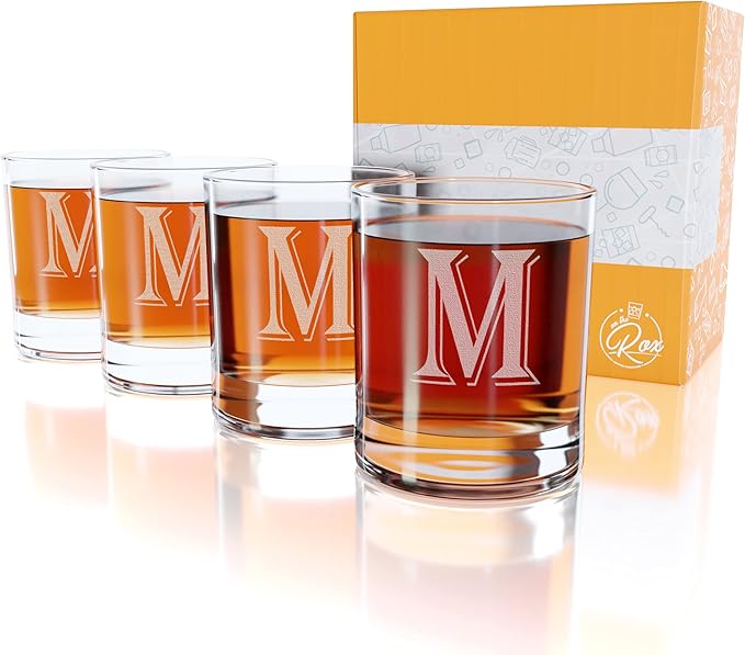 (M-Monogram)- 4 Piece Set of 11 Ounce Engraved Heavy Base Rocks Glasses Elegant Glass-Multi-Purpose Beverage-Rocks Glass- Gift for any Occasion- By: On The Rox