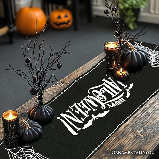 Timeless Table Runner with Elegant Designs for Every Occasion (Haunted Horrors 72" Table Runner, Jacquard Halloween Home Black Tablecloth Decoration with Pumpkins and Spiderwebs)