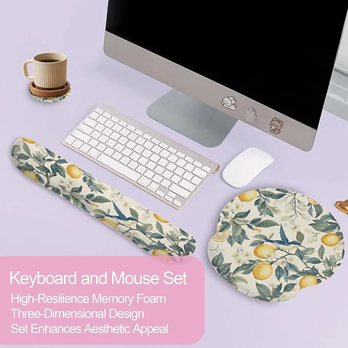 Hummingbird Vintage Lemon Mouse Pad with Wrist Rest Set, 3-in-1 Wrist Support Mousepad Set, Gaming Mat Pad with Anti-Skid Base,Ergonomic Memory Foam Mouse Pad Set for Women, Office, Typing, Gaming