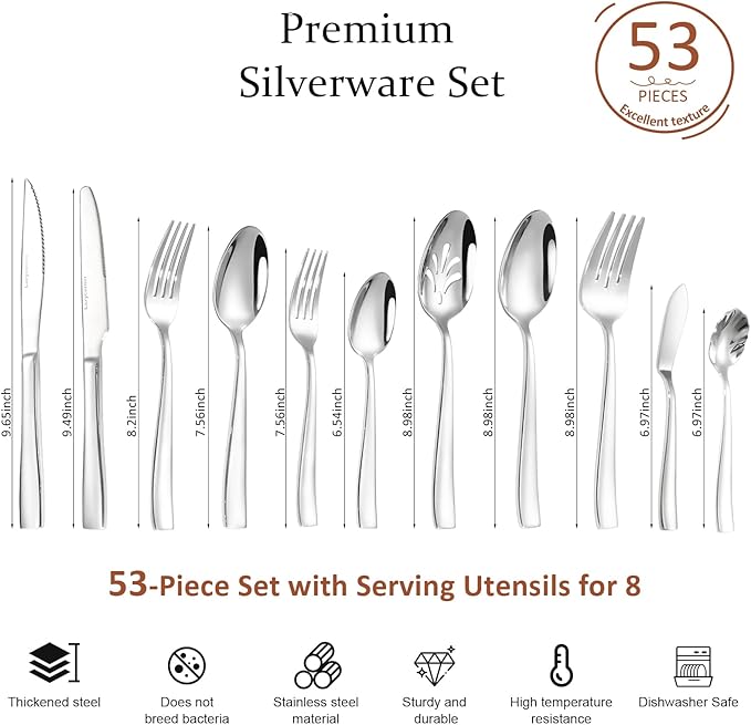 Lazycorner 53 Piece Silverware Set wiith Steak Knives and Serving Utensils 304 Stainless Steel Flatware Set Mirror Polished Eating Utensils Sets Silverwear Cutlery Set, Dishwasher Safe