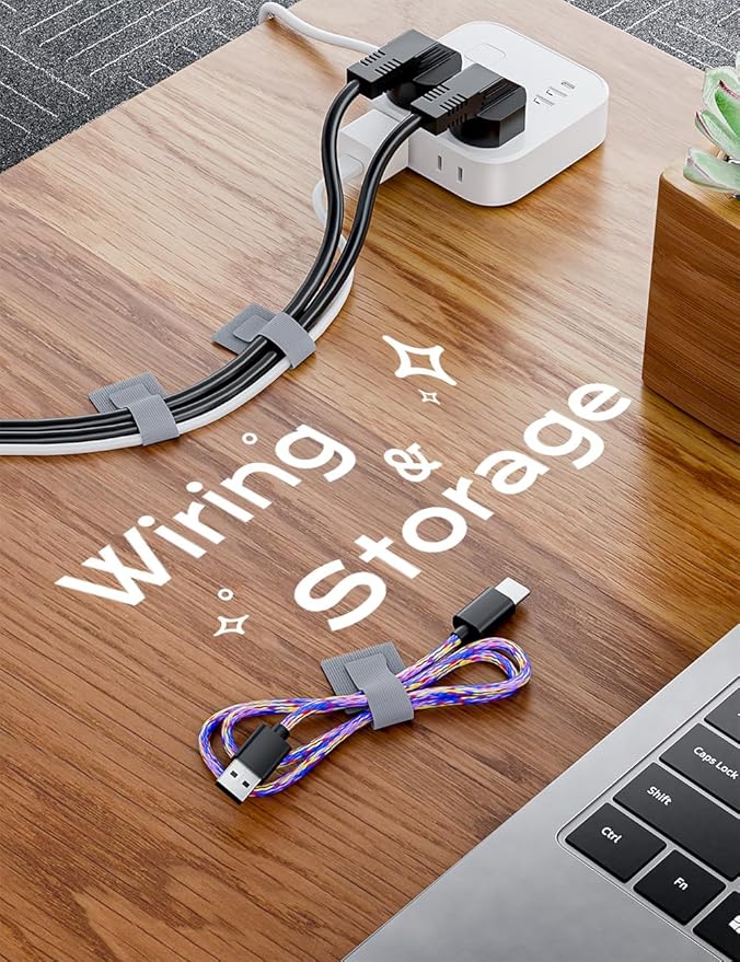 100pcs Hook and Loop Cable Ties, Adhesive Wire Management, Adjustable Cable Straps Cord Wrappers Keeper Cord Holder, Sticky-Back Cord Organizer for Kitchen Appliances at Office, Home - Grey