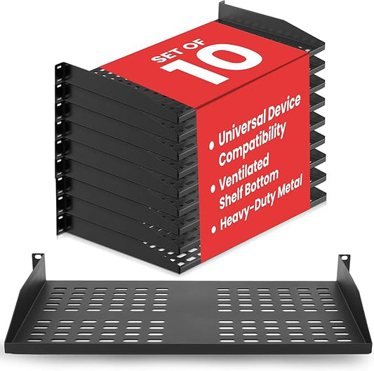 Pyle 19-Inch 1U Server Rack Shelf - 10 pcs. Vented Metal Shelves for Optimal Airflow, Wall or Rack MountableSupports up to 110 lbs, 17 x 10’ Shelf Tray for Cabinets, Computers & Network Equipment