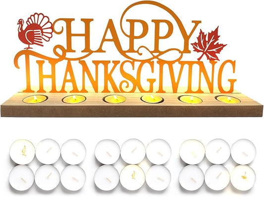 Metal Happy Thanksgiving Sign, Tiered Tray Decor with 18 Pcs Tealights, Orange Fall Decorations Tea Lights Candles Holders for Home, Office, Shelf, Mantel, Indoor, Table, Autumn Decoration