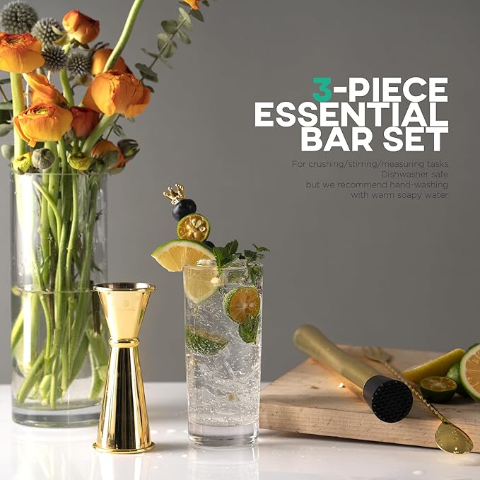 Homestia Muddler for Cocktails Set, 304 Stainless Steel 10" Bar Muddler &12" Cocktail Spoon & Double Jigger, 3 PCS Cocktail Set for Margaritas, Mojitos and Fruit Drinks Bar Tool Set (Gold)