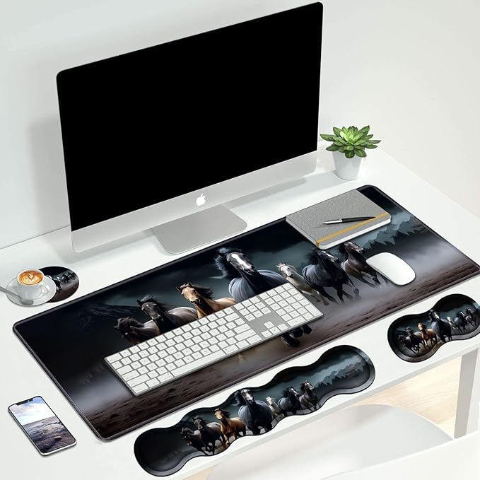 4 in 1 Ergonomic Keyboard Wrist Rest & Mouse Pad Wrist Rest Set, Large XXL Gaming Desk Mat 31.5"x 11.8" with Non-Slip Base, Memory Foam for Home Office Study Gaming, Running Horses