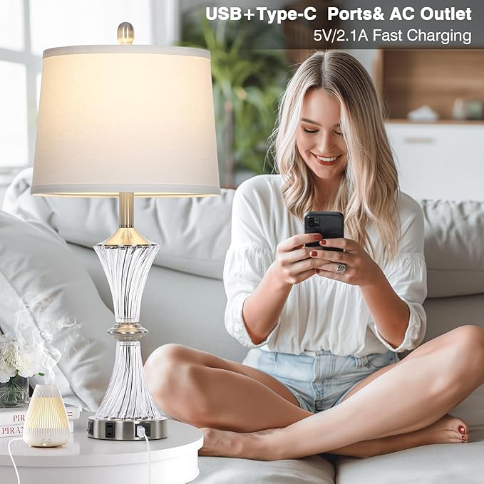 Crystal Glass Table Lamp Set of 2 With USB C+A Ports & AC Outlet - White Clear Modern Bedroom Lamps for Night Stands, Living Room - Silver Nightstand Lamps With LED Bulbs Included