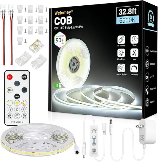 COB LED Strip Light, 32.8ft Dimmable 6500K Super Bright Daylight White 24V Flexible LED Tape Light with Remote, for Home, Kitchen, DIY Lighting