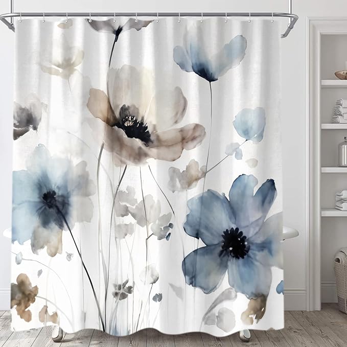 Sanzugh Boho Floral Shower Curtain, Cream Tan Beige Blue Grey White Watercolor Flower Fabric Shower Curtains Set for Bathroom Decoration with Hooks 72 X 72 inch Cute Farmhouse Bath Decor