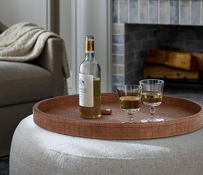 HofferRuffer Round Serving Tray 20'', Elegant Faux Leather Circle Ottoman Table Tray, Serve Tea Coffee Breakfast in Bedroom Living Room Kitchen (Brown)