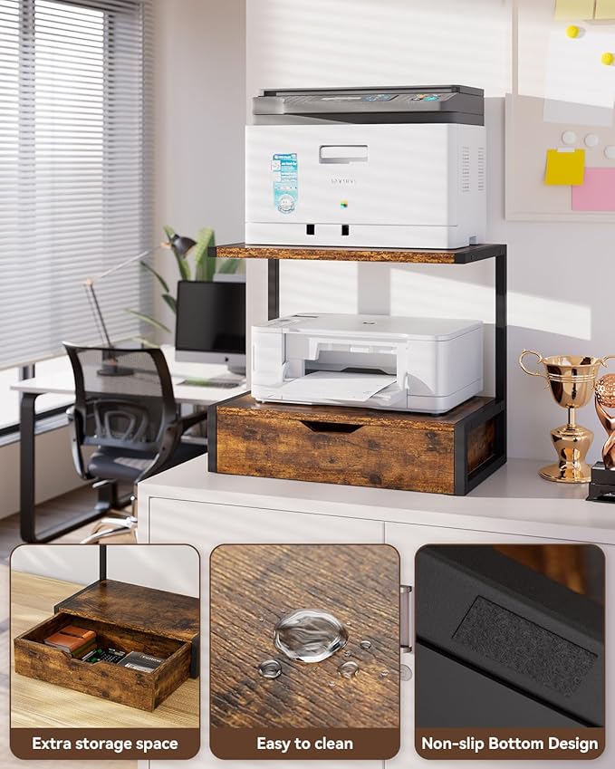 IBUYKE 2 Tier Desktop Printer Stand,Printer Table with Storage Shelf,Multi-Purpose Desk Organizer for Folders,Books,for Fax Machine, Scanner,Home Office,Brown TLJ015H