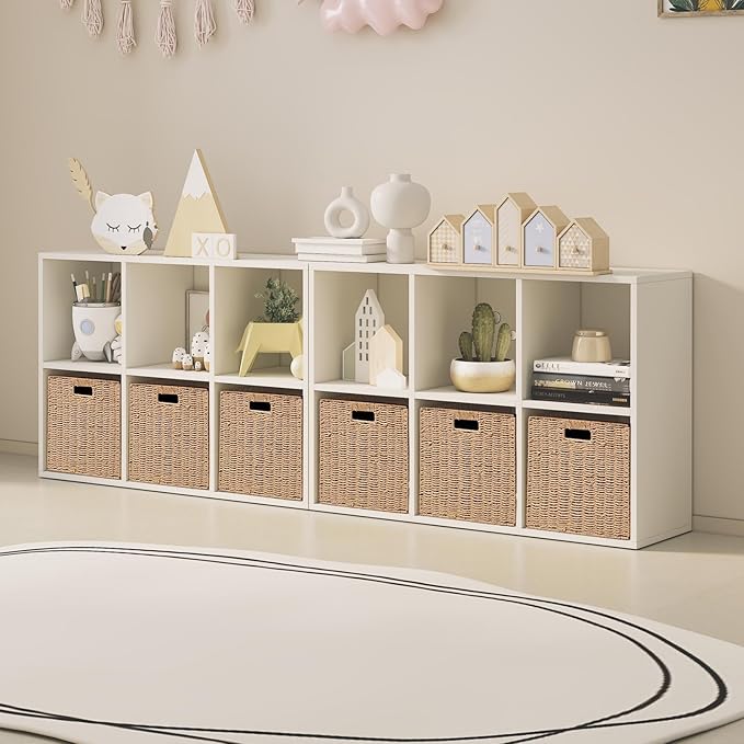 Foldable Storage Baskets with Handles Paper Rope Storage Baskets Rectangle Collapsible Hand Woven Storage Cubes Bins for Organizing Shelves Living Room Bedroom Pantry (3, 11'' x 11'' x 11'')