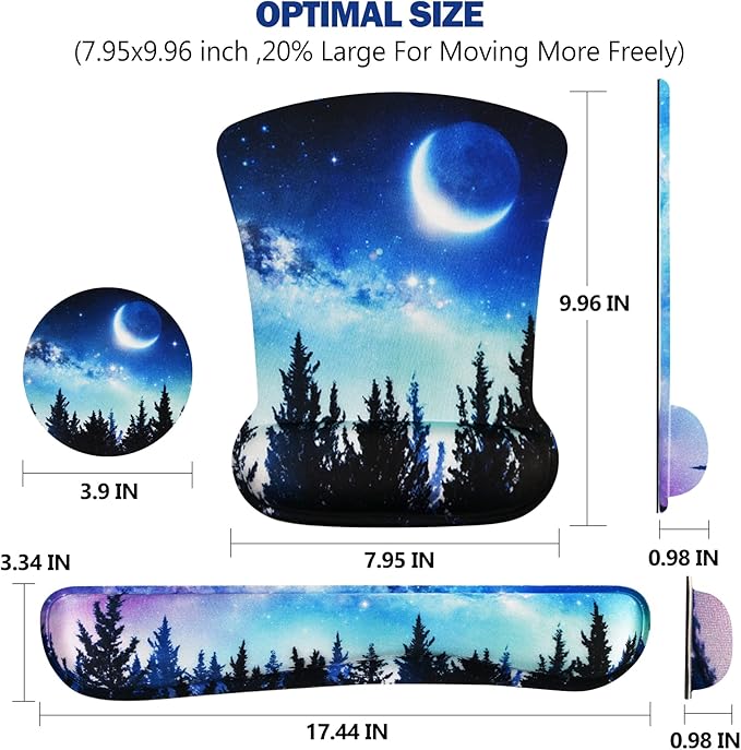AIMSA Ergonomic Keyboard Wrist Rest and Mouse Pad with Wrist Support Set, Memory Foam Non-Slip Rubber Base, for Gaming, Working, Home, Office, Easy Typing, Pain Relief, Forest Moon Sky