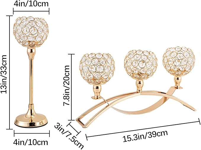 Vincigant Gold Crystal Candle Holders Set of 8 with 4Sets Crystal Candelabra 3 Arm Candlesticks Holder Table Centerpiece,Candelabra Centerpieces for Wedding Party Anniversary Home Living Room Decor