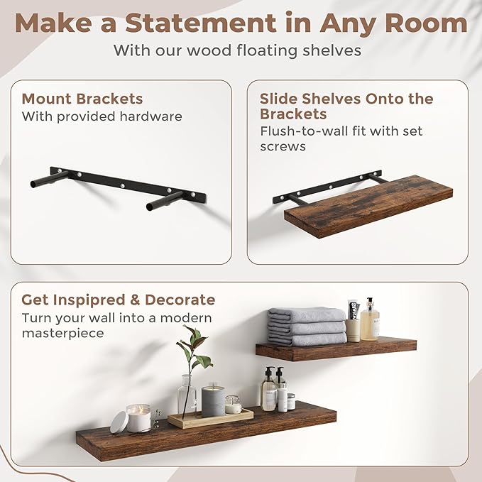 24 Inch Floating Shelves for Wall Set of 2, 8"D Wood Grain Bathroom Shelves with Invisible Brackets, Easy Install Engineered Wood Storage Shelves for Kitchen, Living Room, Bedroom, Rustic Brown Finish