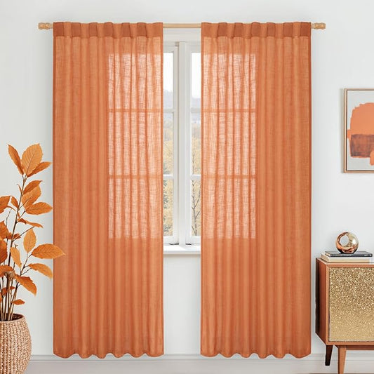 LAMIT Burnt Orange Sheer Linen Curtains, 80 inch Light Filtering Semi Sheer Panels Back Tab and Rod Pocket Farmhouse Rust Drapes for Bedroom/Living Room, 2 Panels, 52 x 80 Inch