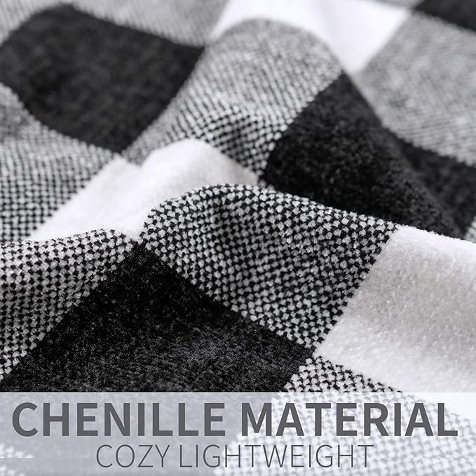 RECYCO Buffalo Paid Chenille Throw Blanket for Couch, Soft Cozy Decorative Buffalo Check Blanket Throw with Tassels for Bed Sofa, Lightweight Chenille Knitted Throw, Plaid Black Off White, 50'' x 60''