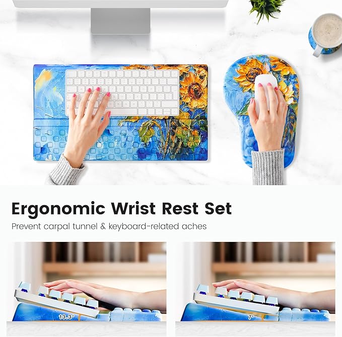 Ospelelf Ergonomic Mouse Pad and Keyboard Stand Wrist Rest Set, Memory Foam Comfort, Pain Relief for Typing, Office Desk Accessories, Sunflower