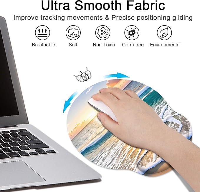 Britimes Summer Beach Sun Mouse Pad 3pcs Set with Wrist Support Non-Slip Rubber Base Ergonomic Pad,Sea Sunset Mouse Wrist Cushion Support and Coasters for Home Office Gaming Easy Typing & Pain Relief