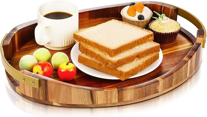 Acacia Wood Serving Tray with Metal Handles– 16"x13"x2", Large Wood Display Tray, Decorative Ottoman Tray for Living Room, Coffee Table for Breakfast, Food, Cookie, Dessert, Fruit, Snack