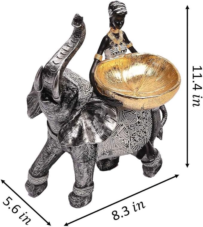 African Design Silver African Elephant and Tribal Lady Figurines with Tribal Totem, Animal and Women Decor Art Sculptures, Holder Statues for Home and Table Decor 911-Black