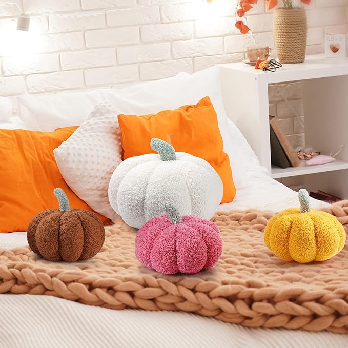 Kajaia 4 Pcs Fall Decor Pumpkin Throw Pillow Fall Pillow 11 Inches 7 Inches 3D Cushion Thanksgiving Sherpa Plush Fluffy Stuffed for Autumn Halloween Christmas Home Sofa(White, Yellow, Red, Brown)