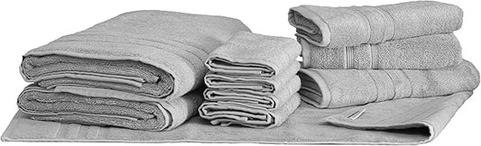 Mosobam Luxury Turkish 10pc Deluxe Bath Bundle Body Hand Face Towel and Mat Light Grey (Gray) 700 GSM & 1000 GSM Bamboo Viscose & Aegean Turkish Combed Cotton