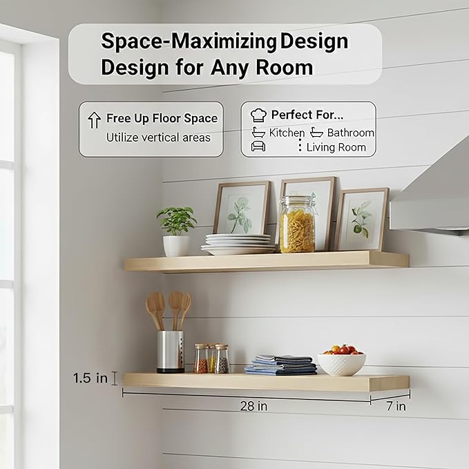 Lufia Floating Wall Shelves, Set of 2, MDF with Invisible Brackets, Modern Storage for Bedroom, Bathroom, Living Room, Kitchen (Oak, 28" W X 7" D X 1.5" H)