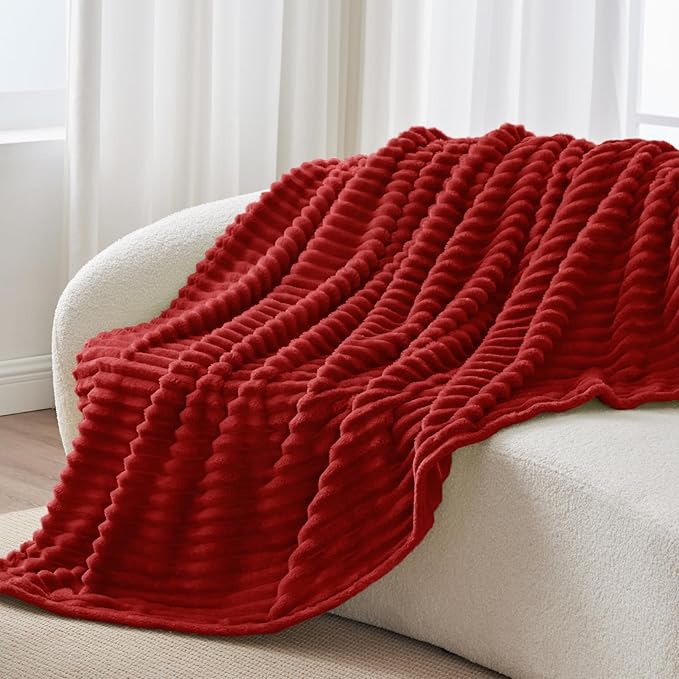 BEDELITE Fleece Throw Blanket for Couch - 300GSM Soft & Warm Fluffy Burgundy Blanket, Decorative and Giftable Striped Blankets for Women, Men, 50"x60"