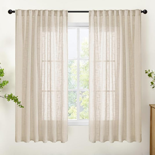 YoungsTex Oatmeal Linen Semi Sheer Curtains 63 Inches Long for Living Room 2 Panels, Light Filtering Window Drapes Natural Textured with Rod Pocket Back Tab for Bedroom, 52 X 63 Inch