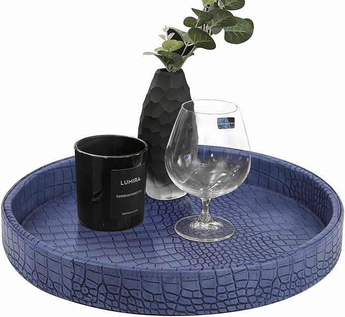 HofferRuffer Faux Leather Round Serving Tray, Vegan Croco Leather Decorative Tray, Food Tray for Storage Drinks, Snack & Cosmetics, Dia.12'' x 1.6'' (Blue)