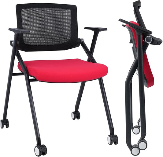 1 Pack Conference Room Chairs with Wheels and Paddle, Ergonomic Mesh Back and Arms for Meeting, Conference, Reception, Training Room & Home Office Desk Folding Chairs