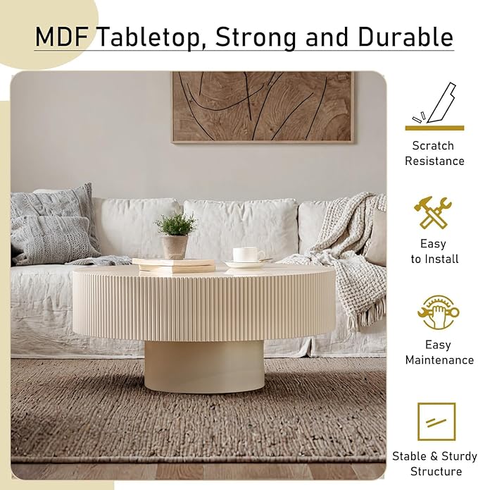 Round Fluted Coffee Table Mid Century Modern Coffee Tables with Handcrafted Relief Circle Drum End Table Rustic Industrial Center Tables for Apartment Living Room (White Round Thick)