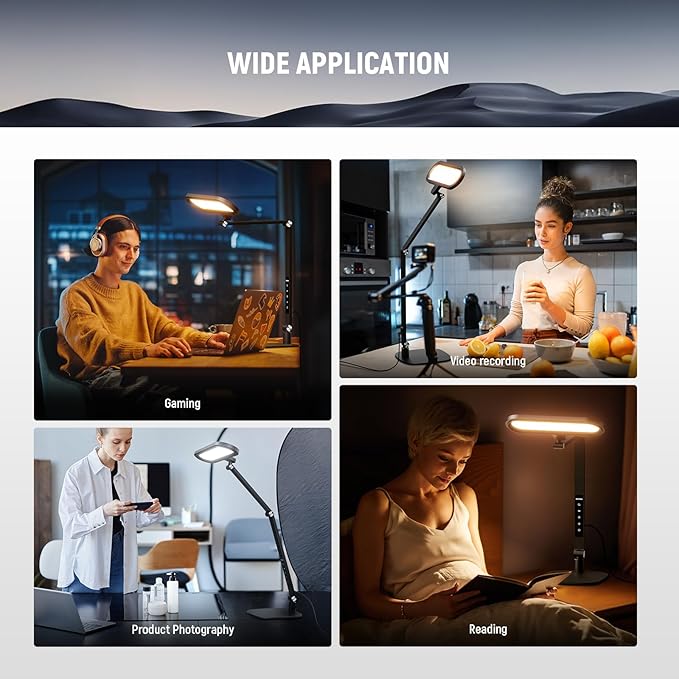 NEEWER Basics 16W LED Desk Lamp for Home Office Video Conference Reading Lighting, Eye Caring Foldable Double Sided Dimmable Touch Table Ring Light with Stand Memory Timer 5 Color Modes CRI95, FR16