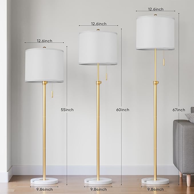 PARTPHONER Floor Lamp for Living Room, 66'' Adjustable Height Standing Lamp with Marble Base, 3-Color Tall Lamps with Pull Chain, Suitable for Bedroom, Reading, Office (Bulb Included, White Shade)